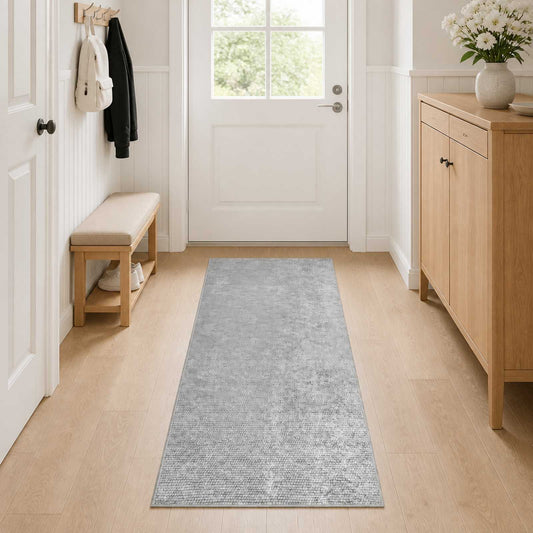 vidaXL Rug Grey 100% Polyester 3 mm Washable laid out in a hallway
