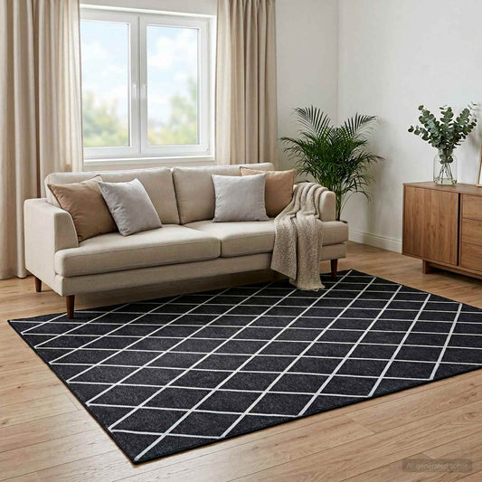 vidaXL Rug ORIZ Black Diamond Pattern 100% Polyester placed on a wooden floor in a living room