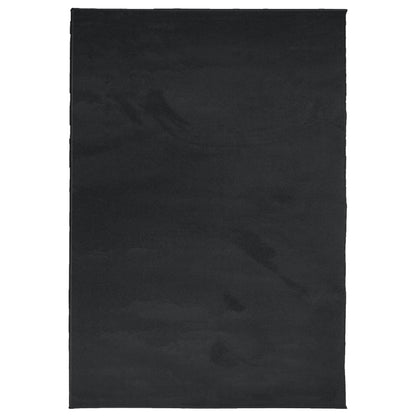 The black short pile rug laid flat on a wooden floor