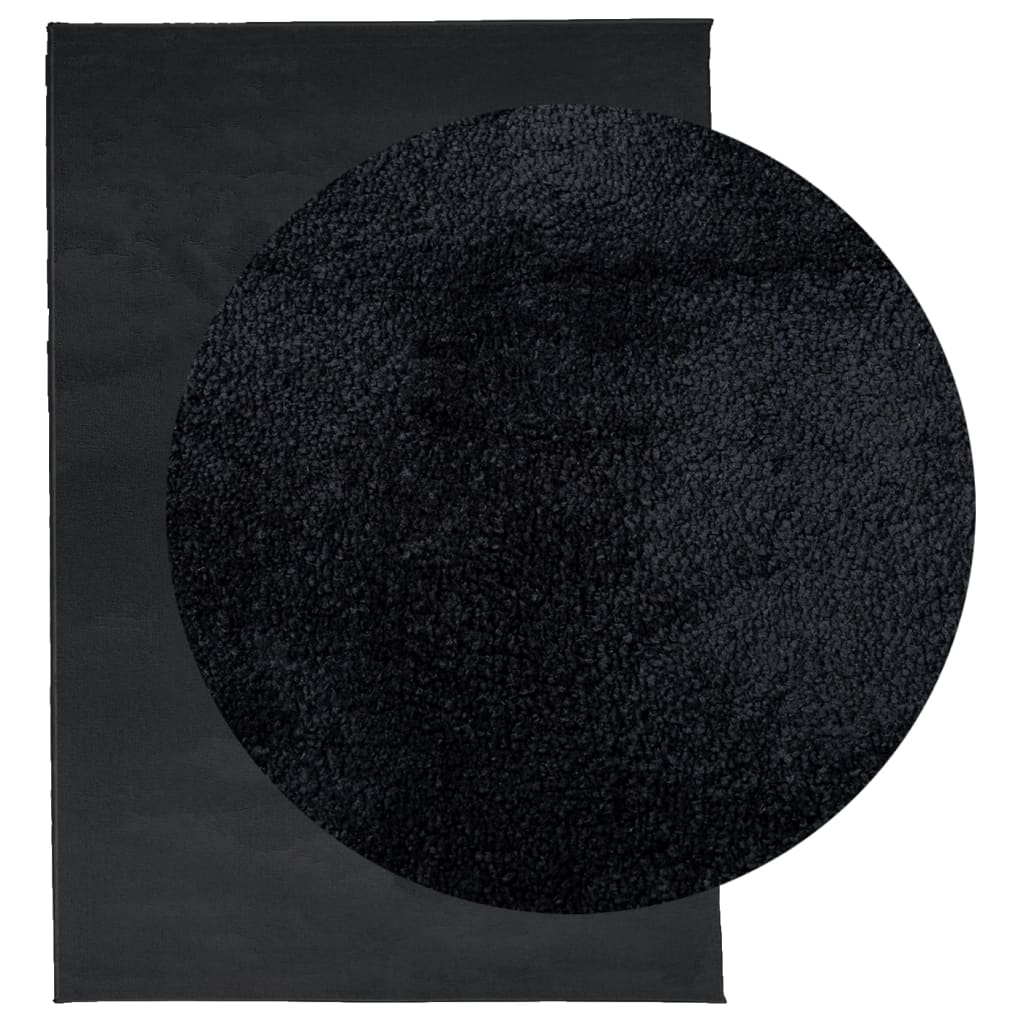The black rug showing its short pile texture and a magnified detail