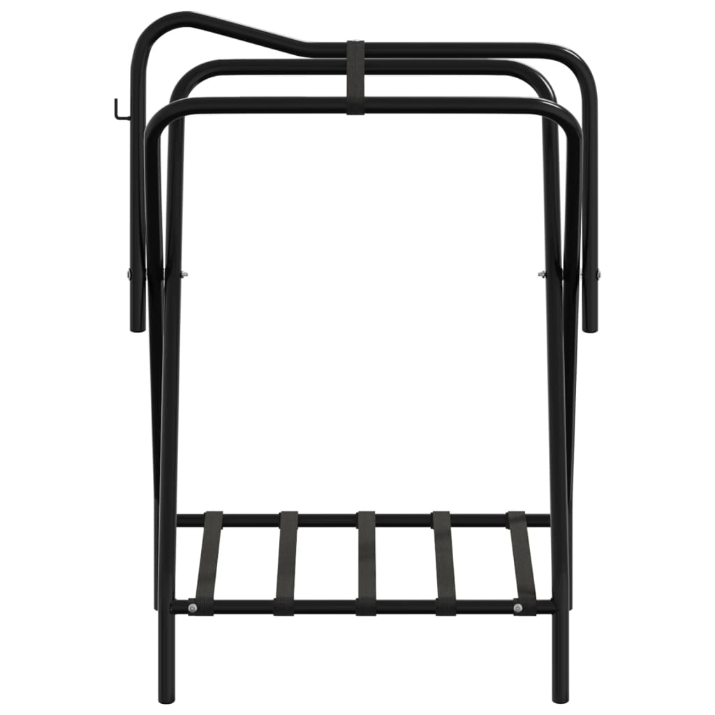 The black metal saddle rack is shown from the front, empty and unfolded