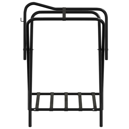 The black metal saddle rack is shown from the front, empty and unfolded