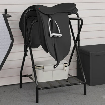 vidaXL Saddle Rack Foldable Freestanding Black Iron holding a saddle and bridle