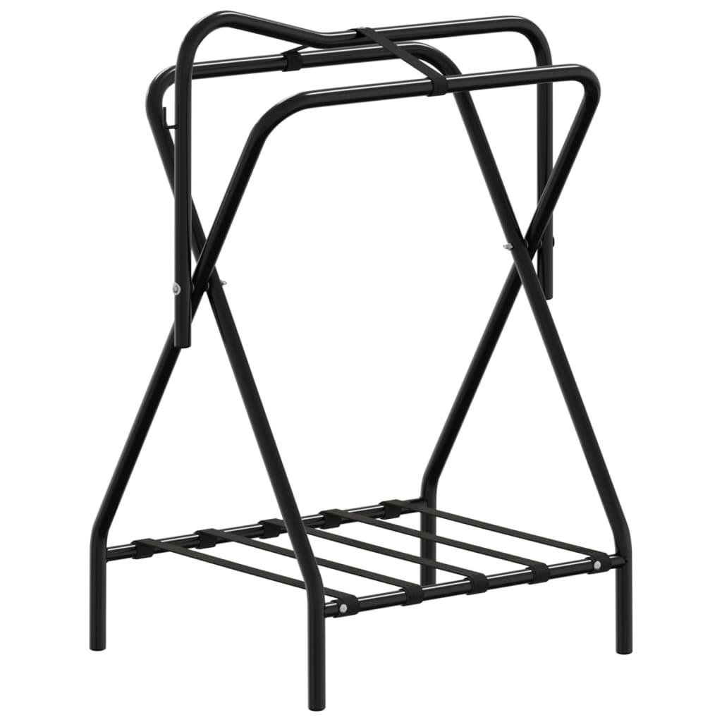 The black metal saddle rack is shown unfolded and empty