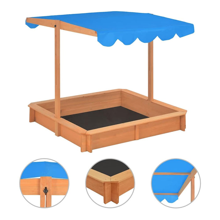 Sandbox with Adjustable Roof Firwood, a wooden sandbox with a blue canopy and black base