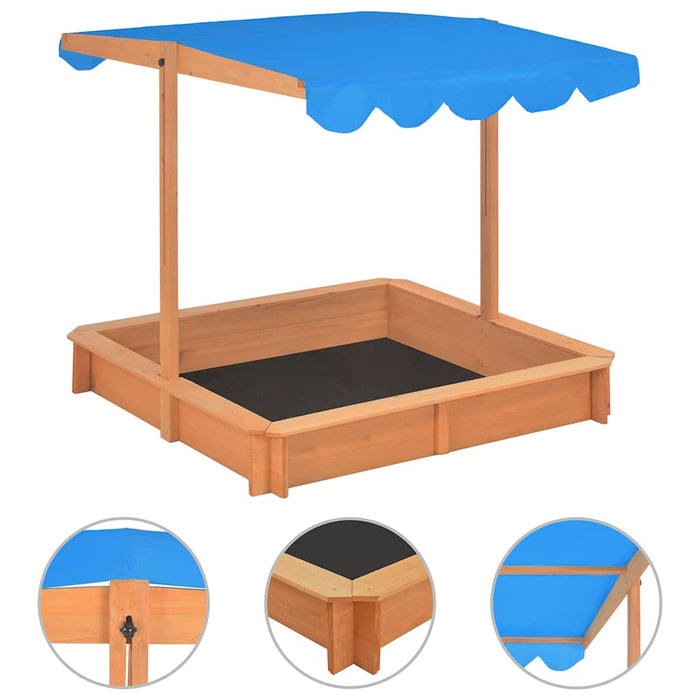 Sandbox with Adjustable Roof Firwood, a wooden sandbox with a blue canopy and black base