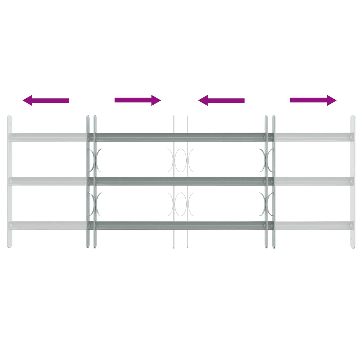Diagram showing the adjustable width of a window security grille