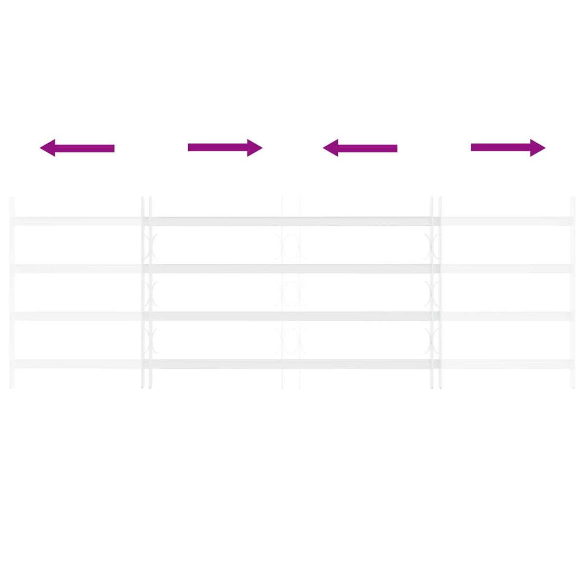 the window security grille with purple arrows indicating the adjustable width mechanism