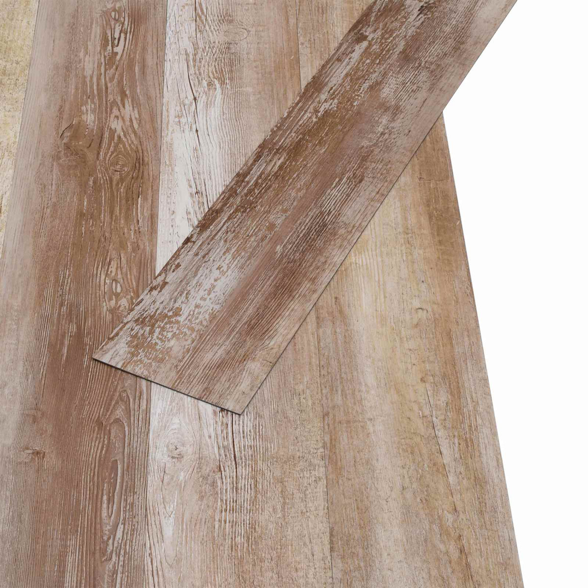 Two self-adhesive PVC flooring planks laid next to each other showing the wood washed pattern