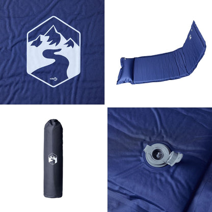 Self Inflating Camping Mattress with Pillow 1-Person Navy Blue, a collage showing the logo, the pad partially folded, the