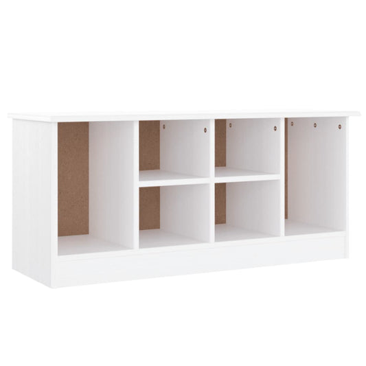 White shoe bench with six storage compartments, front view