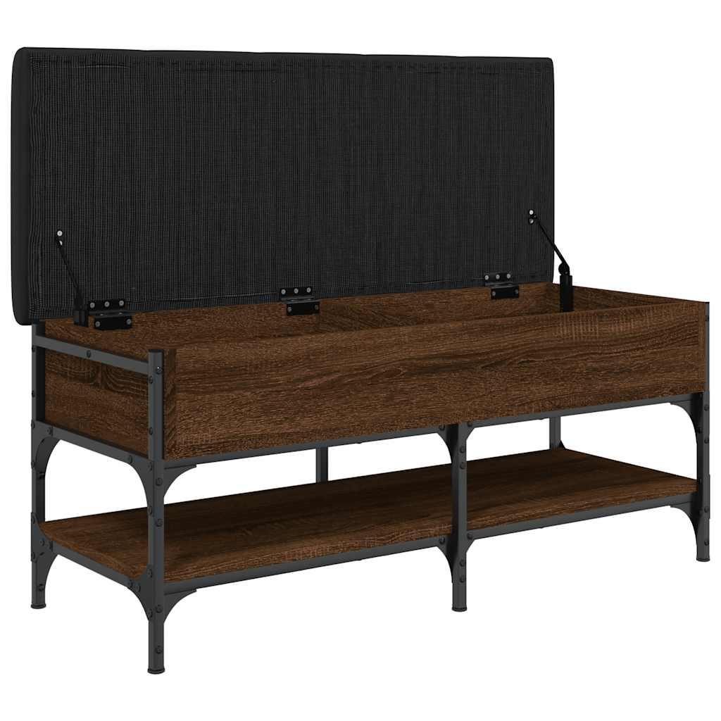 The storage bench lid is open showing the inside compartment