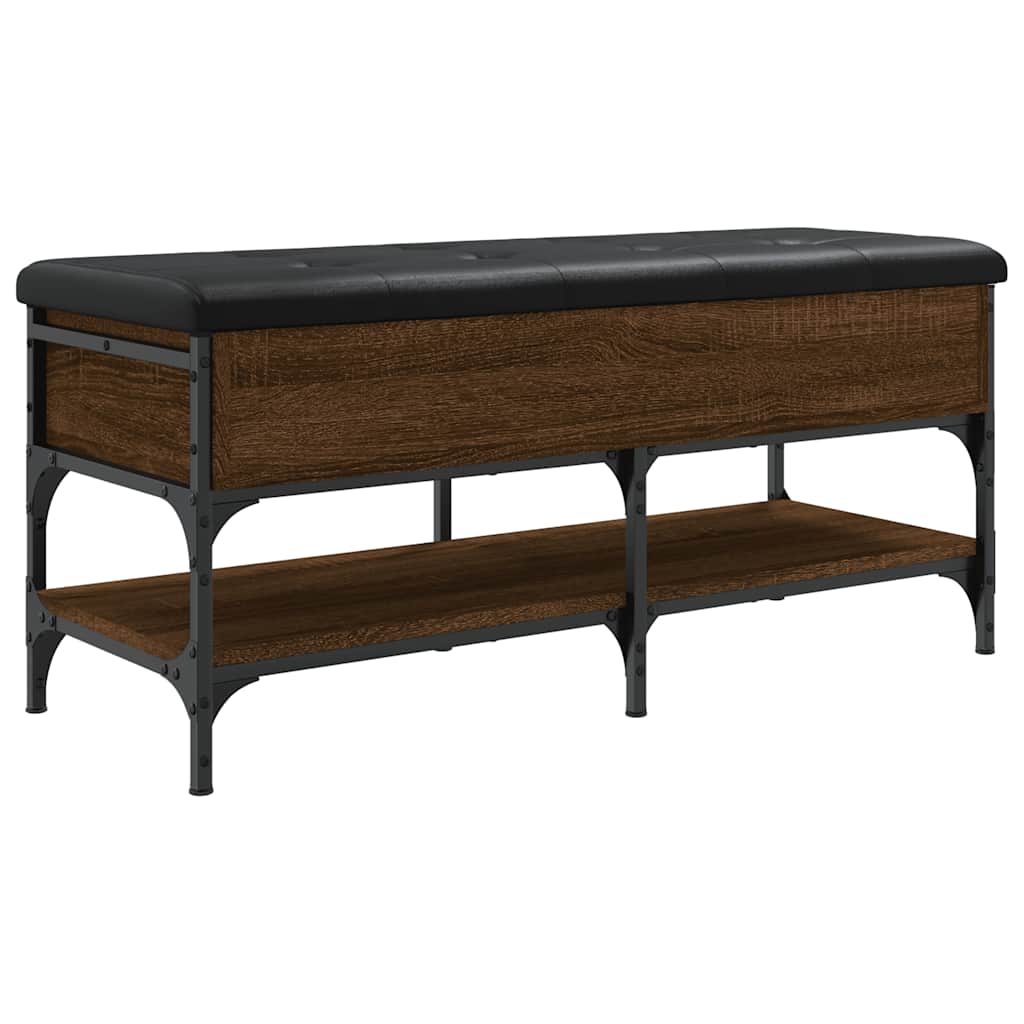 The storage bench has a dark brown wood effect finish and a black padded seat