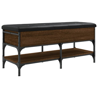 The storage bench has a dark brown wood effect finish and a black padded seat