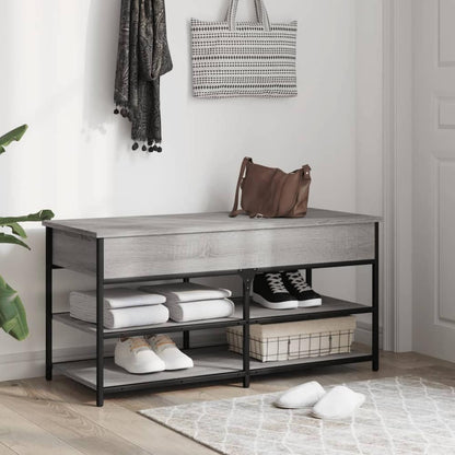 the storage and entryway bench in a hallway setting with shoes and bags