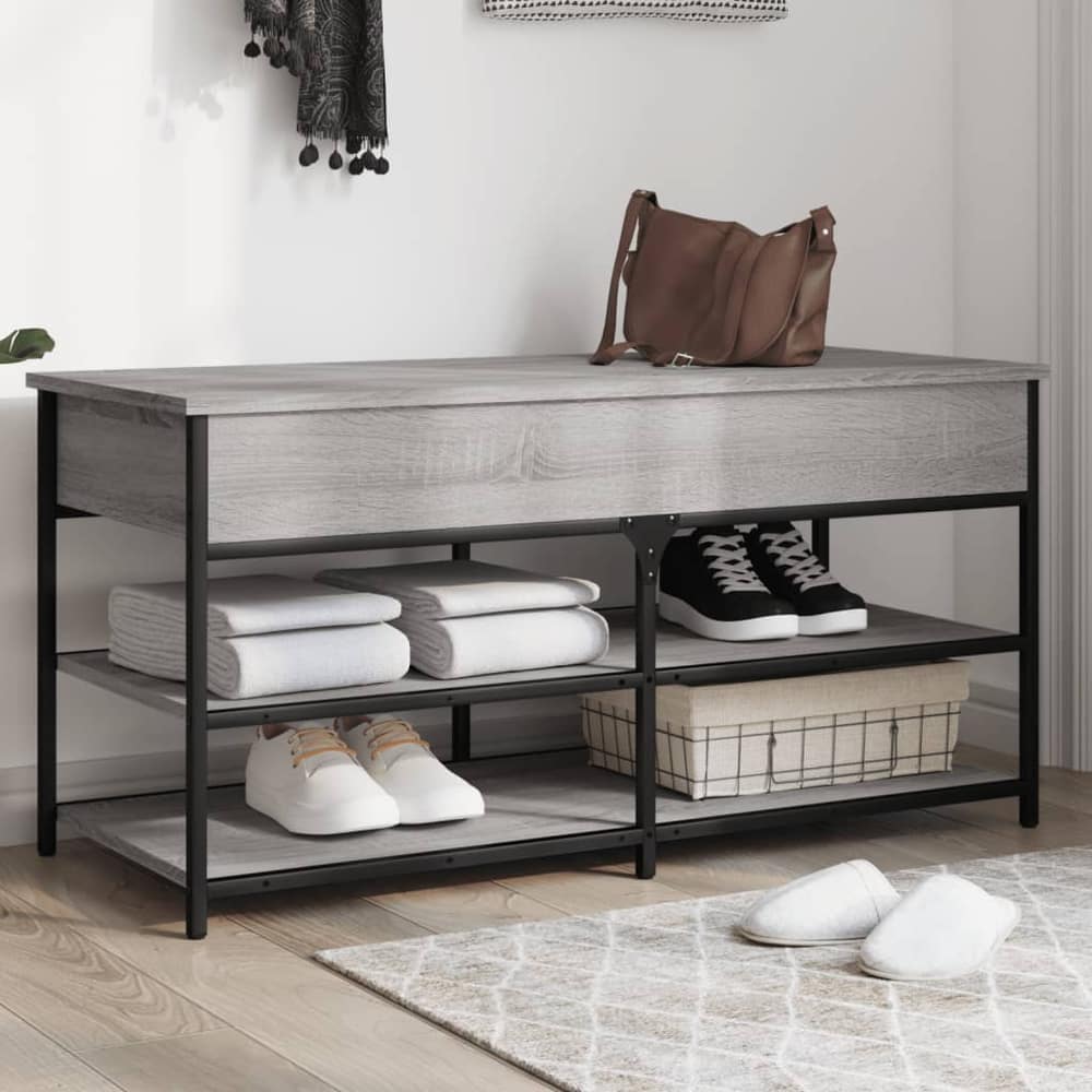 vidaXL Shoe Bench Grey Sonoma Engineered Wood with two shelves below and a storage compartment on top