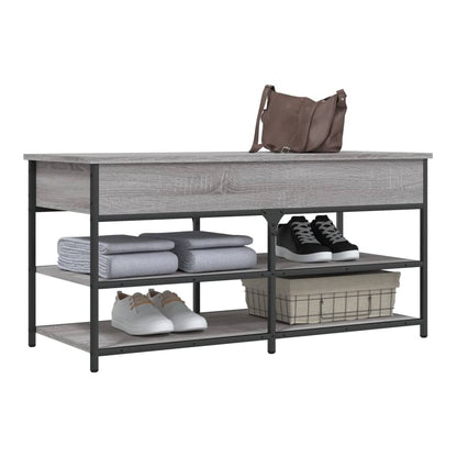 the storage and entryway bench with shoes and basket on shelves