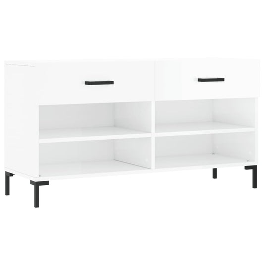 The shoe bench with a glossy white finish and black metal legs shown against a plain white background