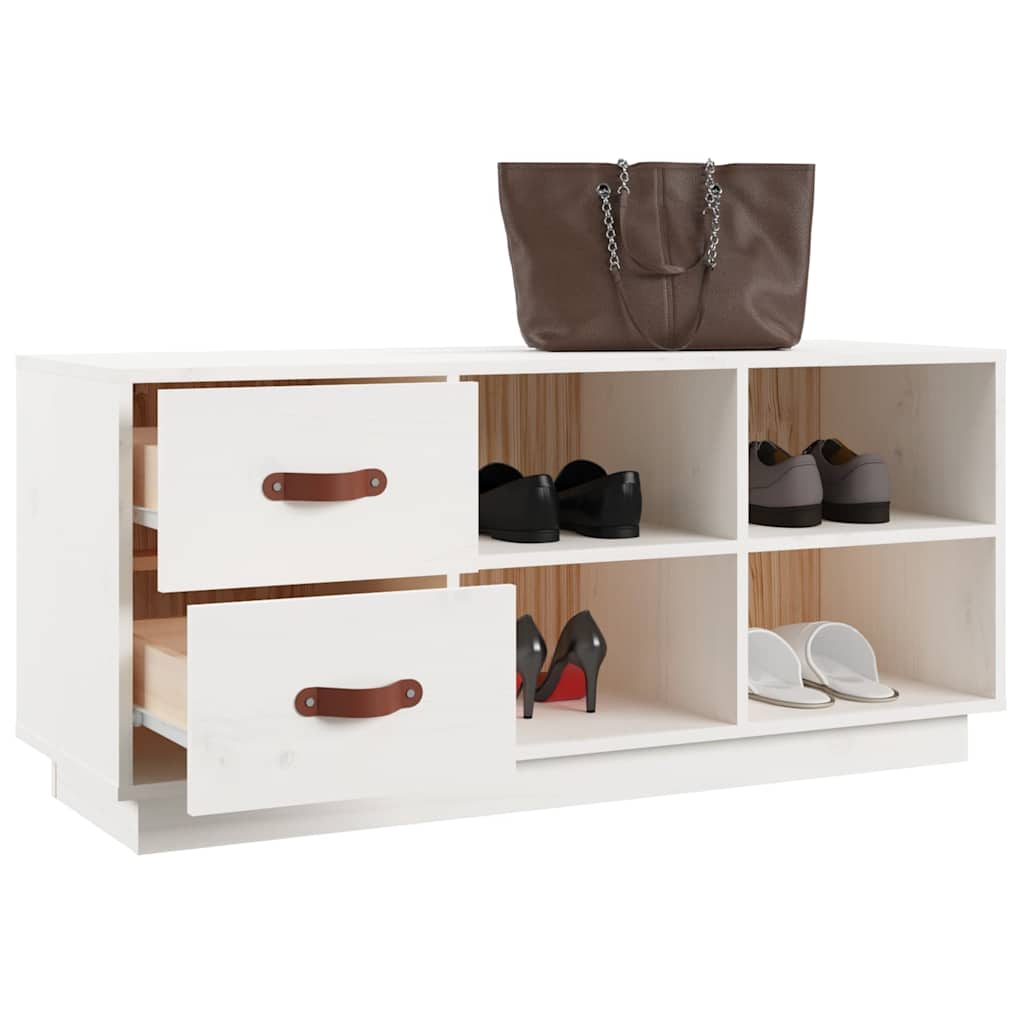 The white shoe storage unit with two drawers pulled out slightly