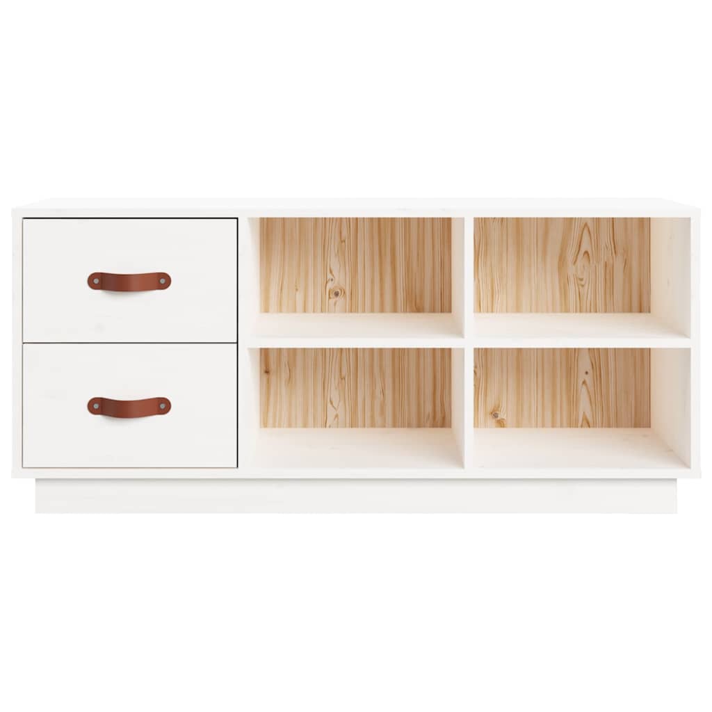 The shoe organiser with two drawers and four open shelves, showing the wood grain inside