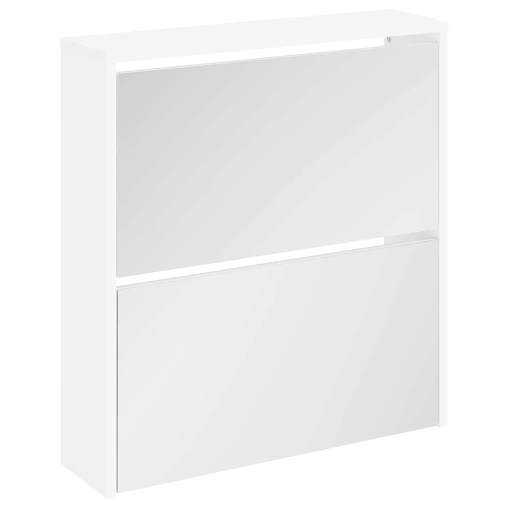 The white shoe cabinet with two mirrored doors, presented against a plain background