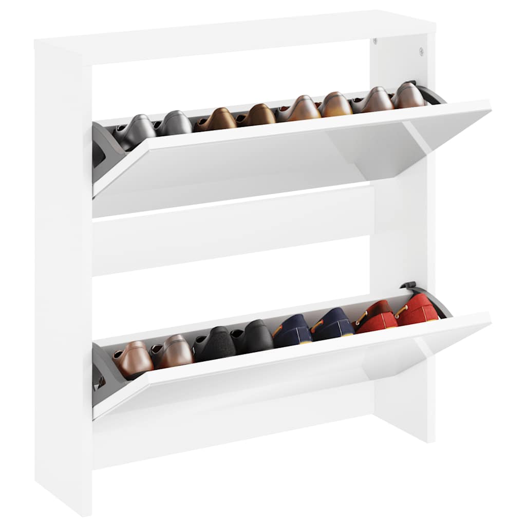The shoe rack with its two doors open, revealing two rows of shoes stored inside