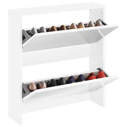 The shoe rack with its two doors open, revealing two rows of shoes stored inside