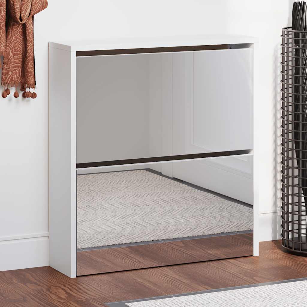 Shoe Cabinet 2-Layer Mirror White with two mirrored doors and a white body, shown in a hallway setting