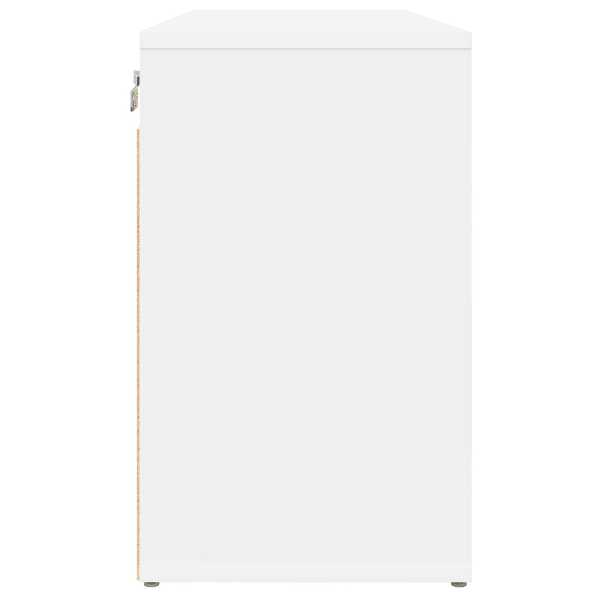 Side view of the white shoe cabinet showing its depth