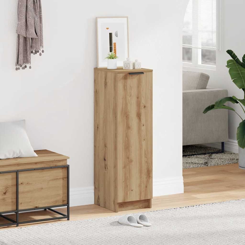 The shoe cabinet is shown in a hallway next to a bench and rug, with slippers on the floor