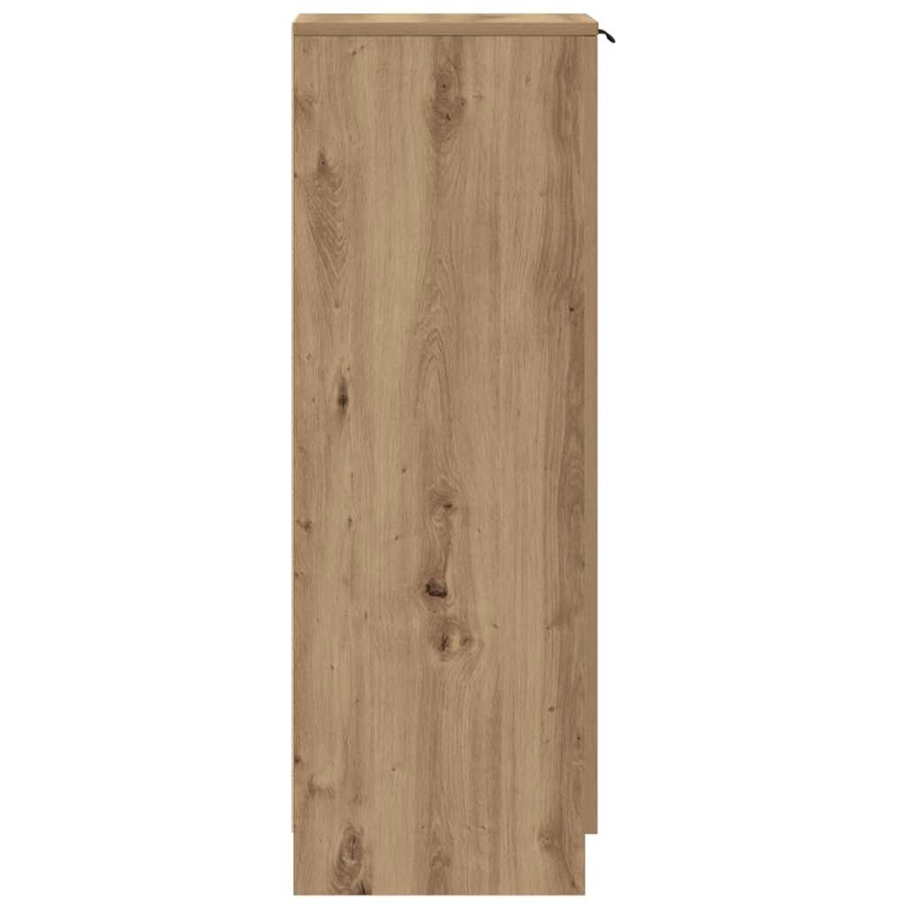 Side view of the artisan oak shoe cabinet, showing its slim profile and wooden texture