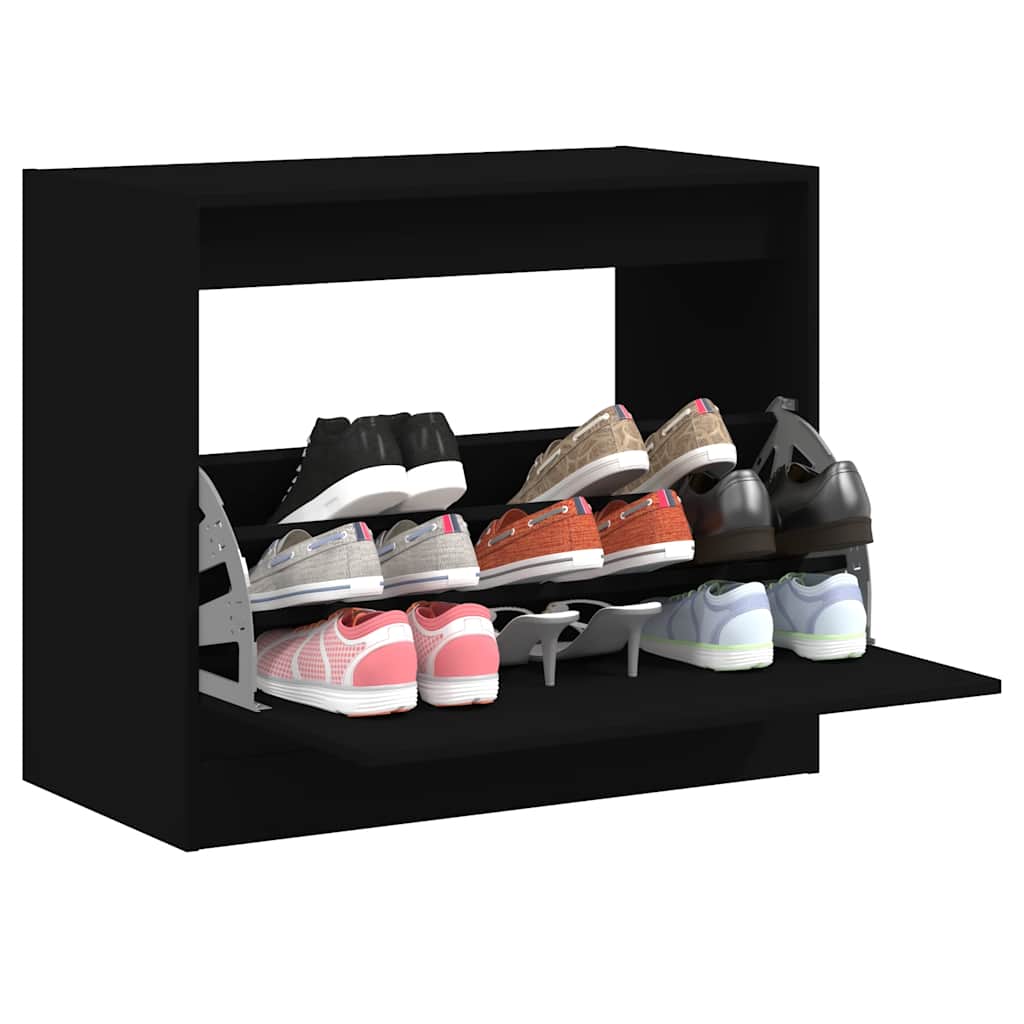 vidaXL Shoe Cabinet Black Engineered Wood with the front door open and various shoes stored inside