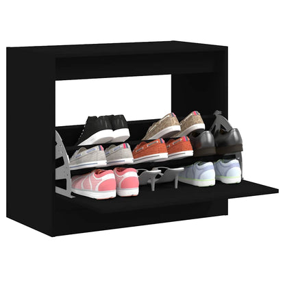 vidaXL Shoe Cabinet Black Engineered Wood with the front door open and various shoes stored inside