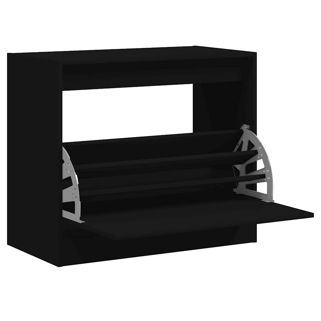 The shoe cabinet with its front door open showing the internal shelving mechanism