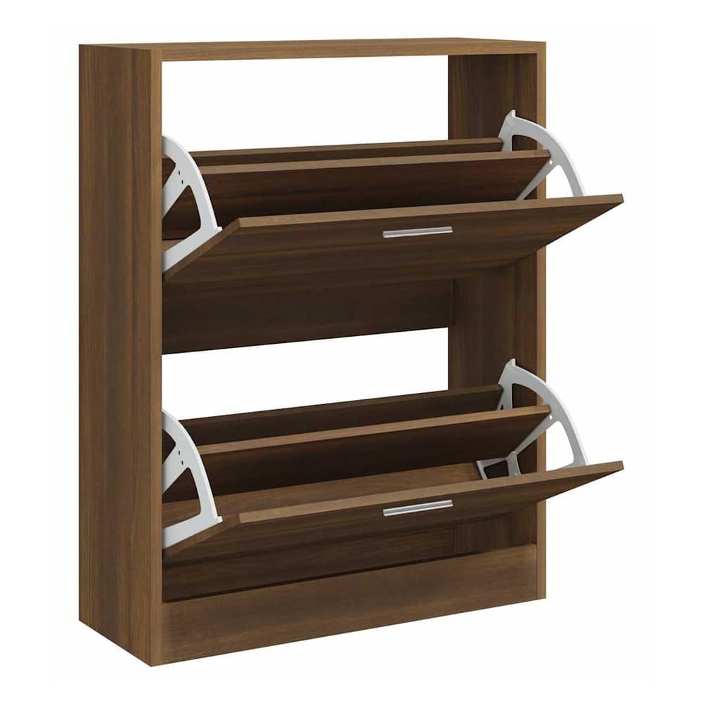 The shoe cabinet with its two flip-down drawers open, revealing shoe storage space