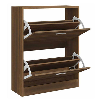 The shoe cabinet with its two flip-down drawers open, revealing shoe storage space