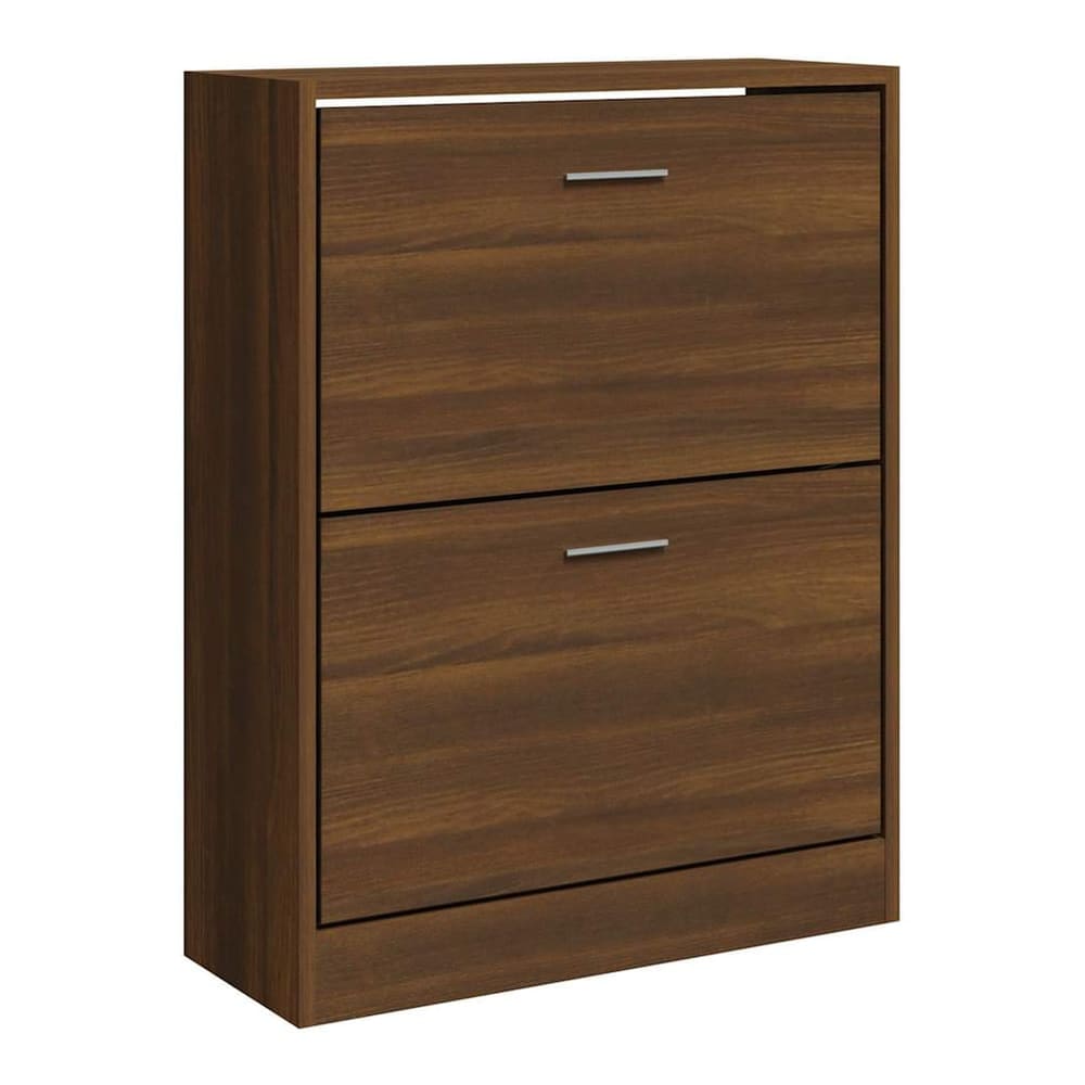 The shoe rack is closed, showing its plain brown oak engineered wood front