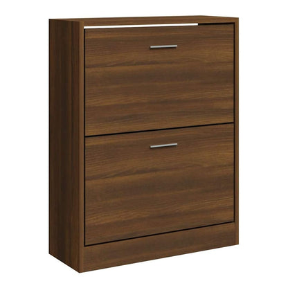 The shoe rack is closed, showing its plain brown oak engineered wood front