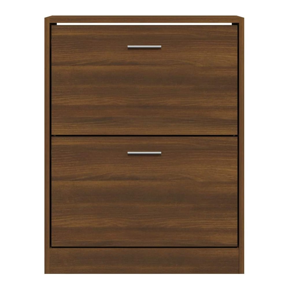A closed view of the brown oak engineered wood shoe storage unit