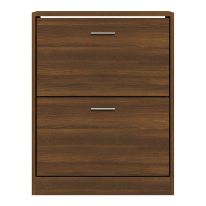 A closed view of the brown oak engineered wood shoe storage unit
