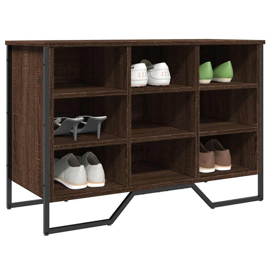vidaXL Shoe Cabinet Brown Oak Engineered Wood filled with various pairs of shoes on its shelves