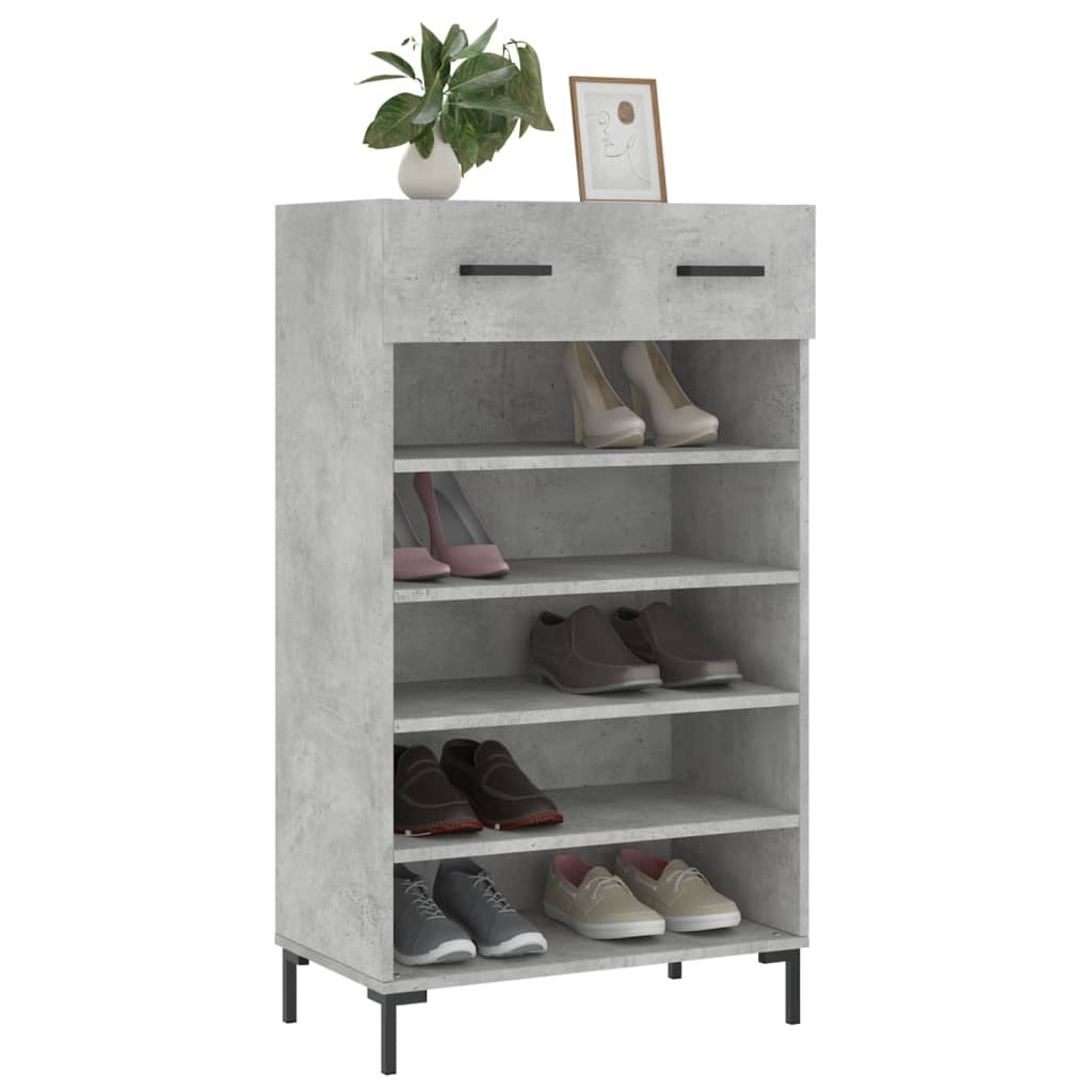 shoe organiser with a drawer and shelves filled with shoes