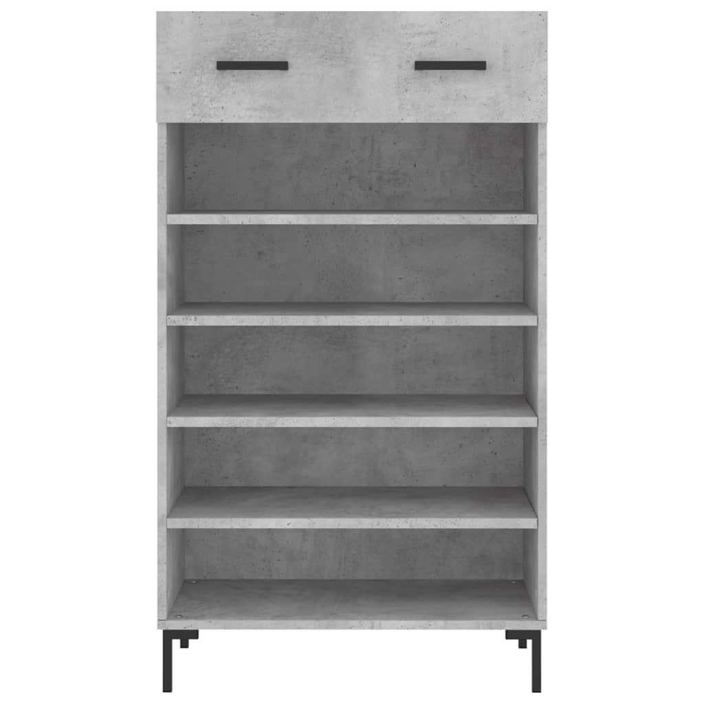 concrete grey shoe storage unit with a drawer and shelves