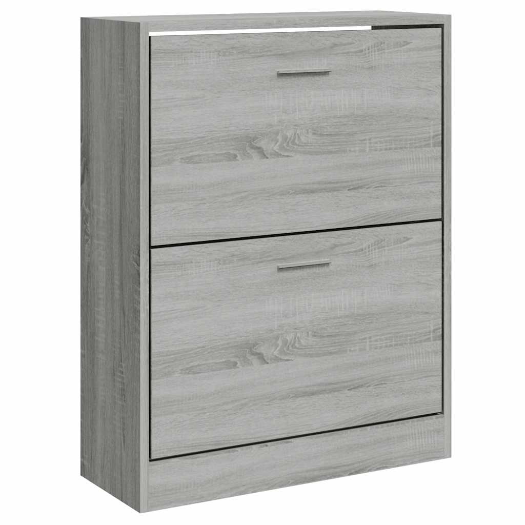 The shoe cabinet with two closed drop-down doors showing the grey wood grain finish