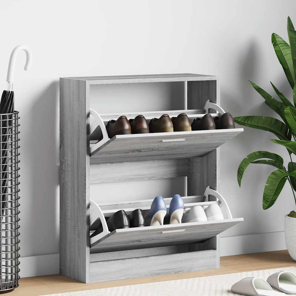 vidaXL Shoe Cabinet Grey Sonoma Engineered Wood filled with various shoes in a bright living room