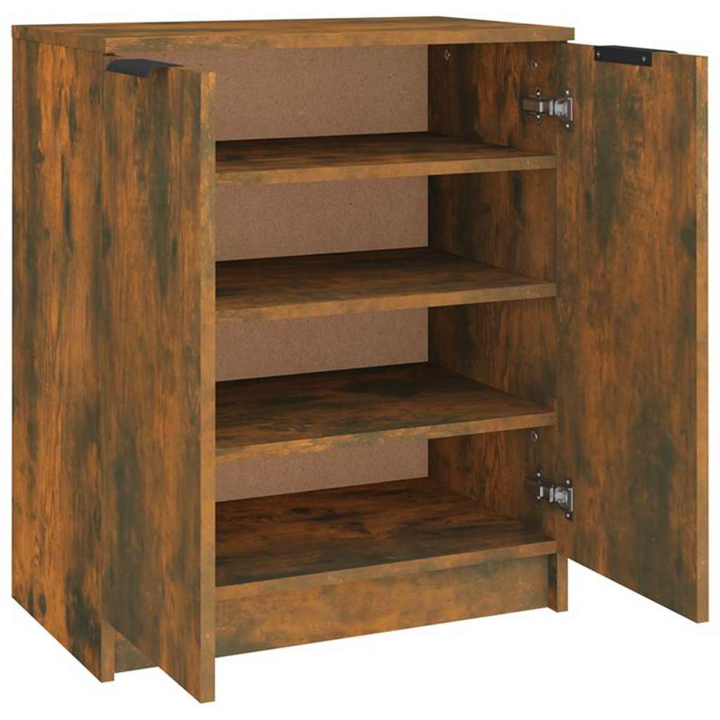 The shoe cabinet with both doors open revealing empty interior storage shelves