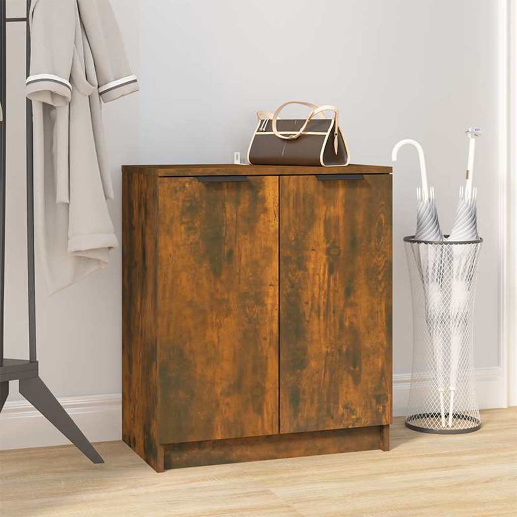 vidaXL Shoe Cabinet Smoked Oak Engineered Wood placed in a hallway with a handbag on top