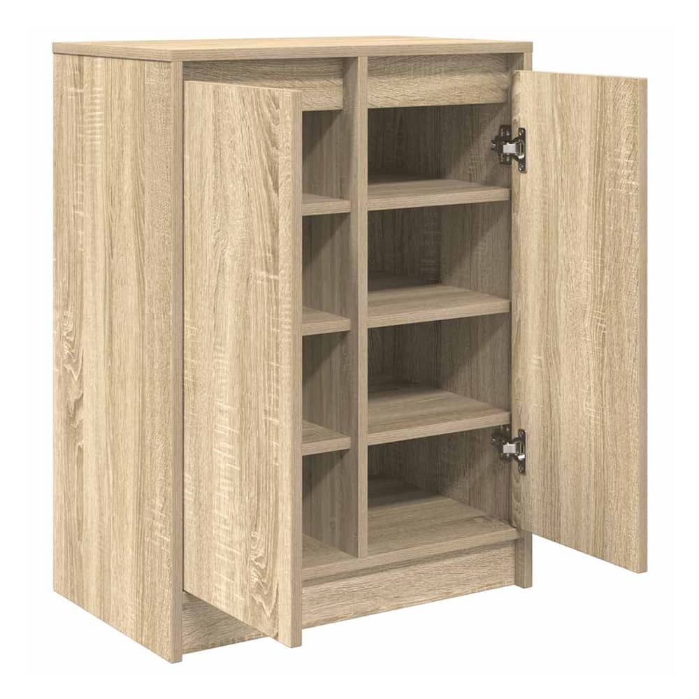 The shoe organiser with its doors ajar, showing the internal shelving arrangement