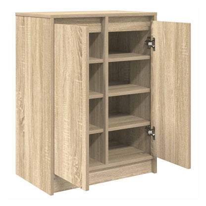 The shoe organiser with its doors ajar, showing the internal shelving arrangement