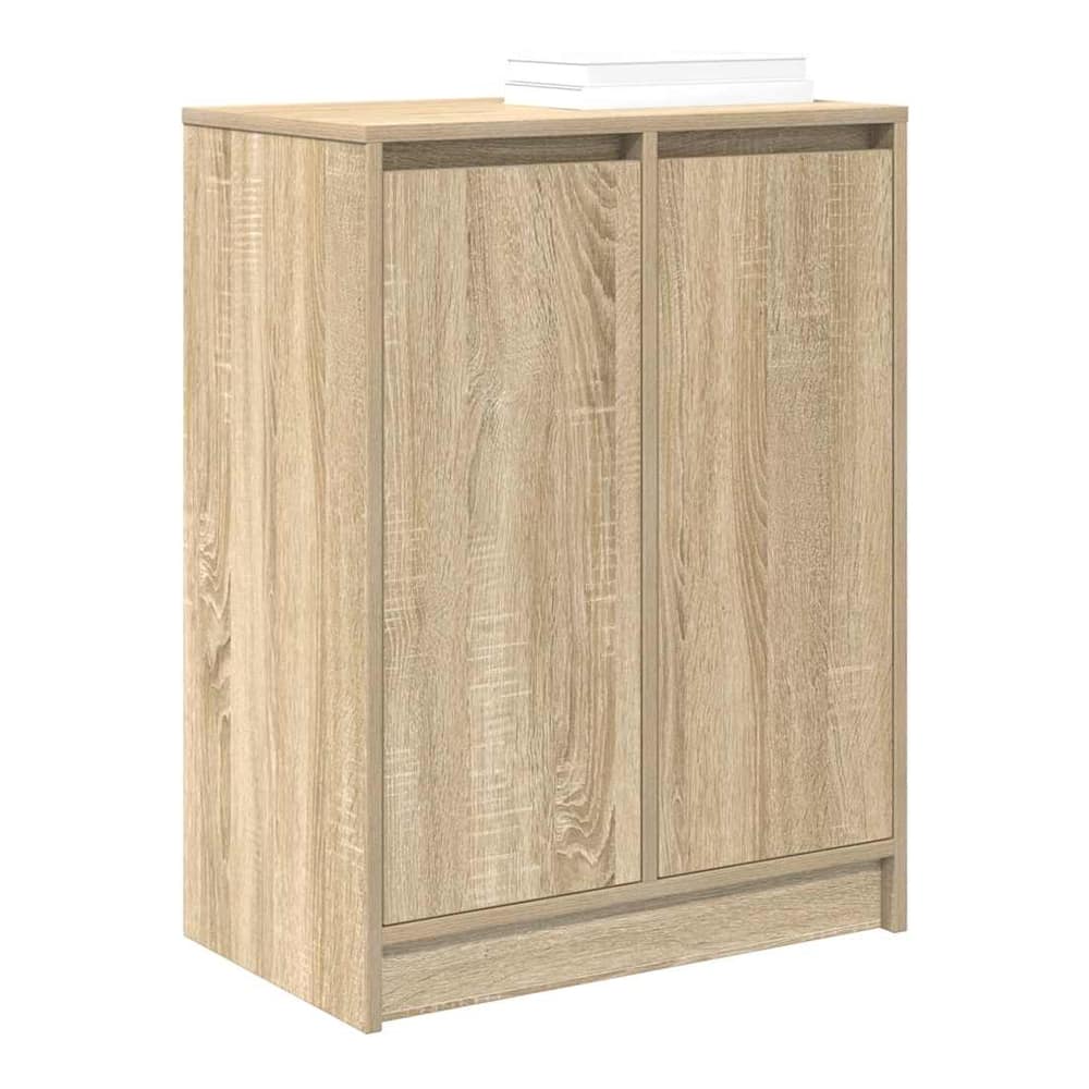 A closed shoe cabinet in a hallway setting, with a bench and coat rack nearby